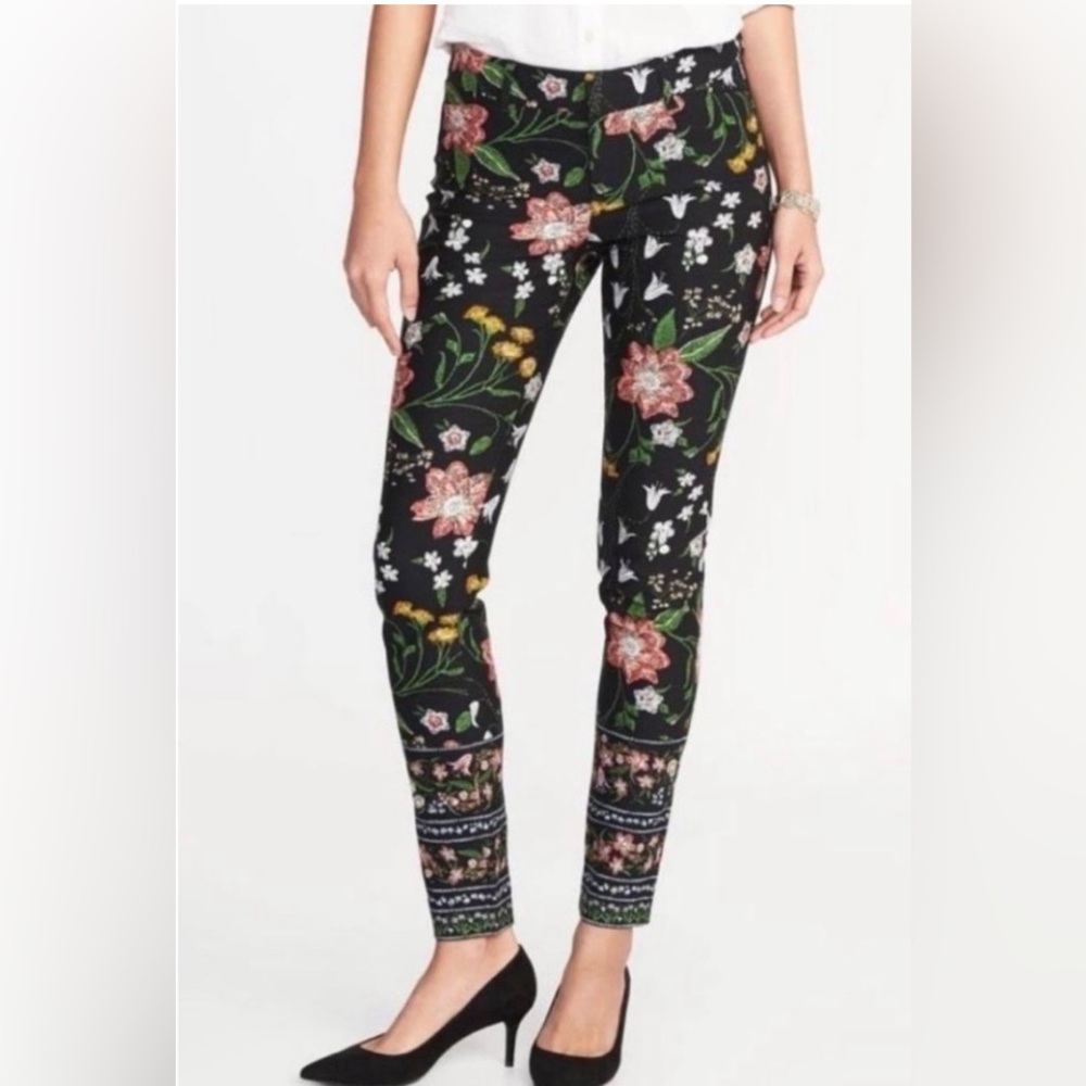 Old Navy Pixie Multi Color Floral Flat Front Pants Mid Rise Stretch Women's 14